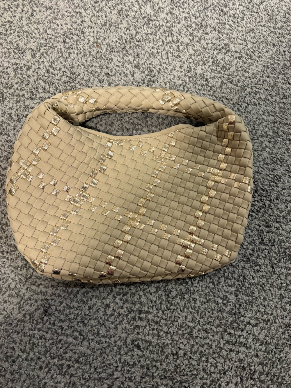 Mini Woven Hobo Shoulder Bag in Beige with Gold Accents